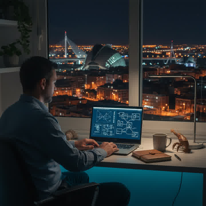 Founder trabajando de noche en Valencia
